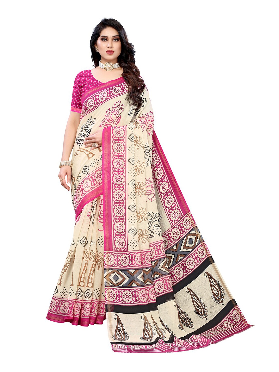 

KALINI Cream-Coloured & Pink Ethnic Motifs Printed Saree