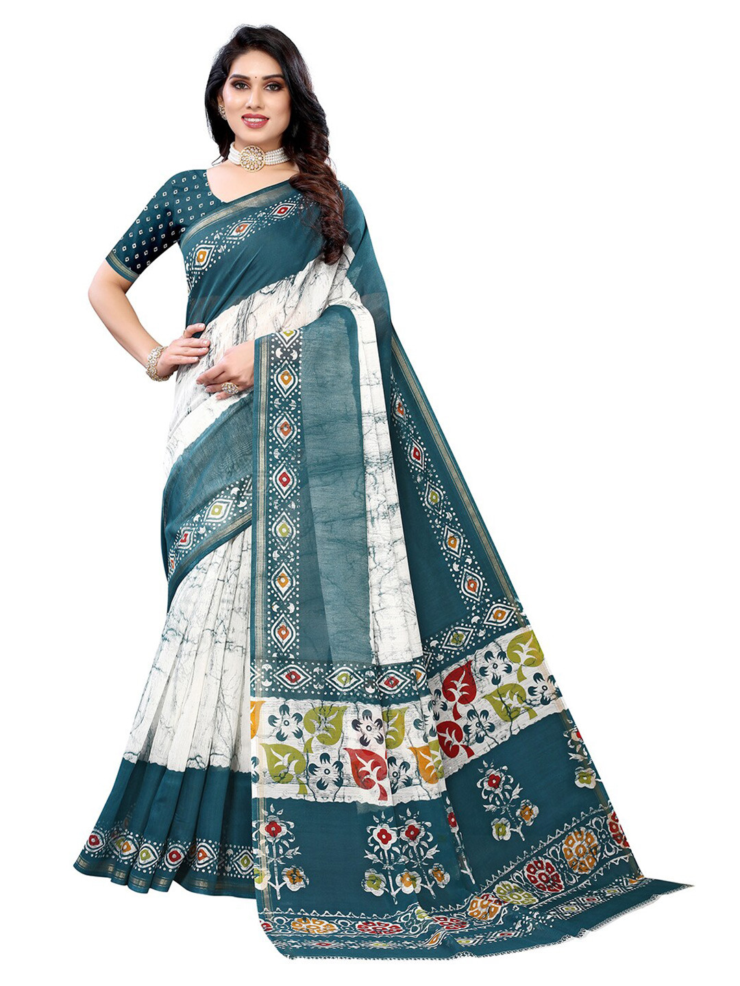 

KALINI Teal Blue & Cream Floral Printed Cotton Saree