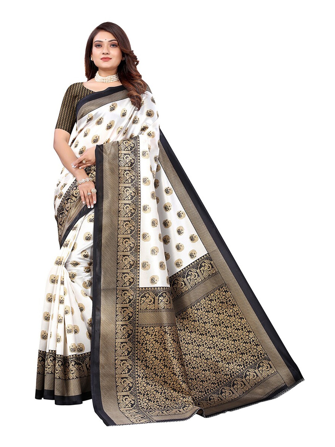 

KALINI Black & Cream-Coloured Ethnic Motifs Art Silk Saree