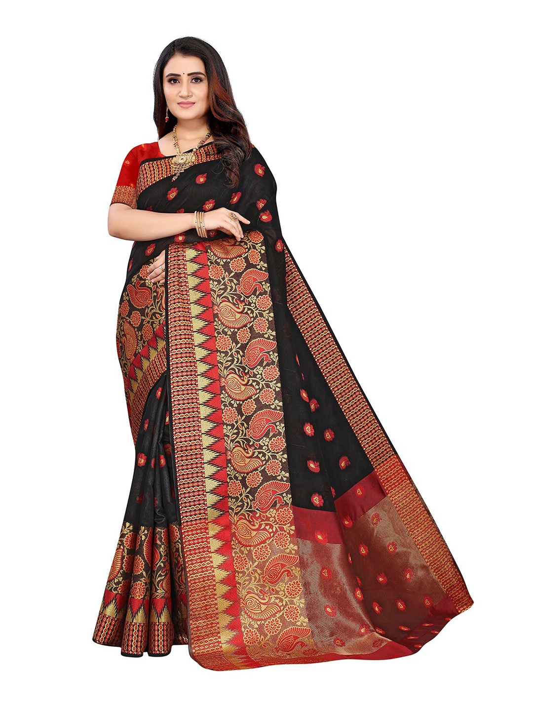 

KALINI Black & Red Ethnic Motifs Zari Silk Cotton Banarasi Saree