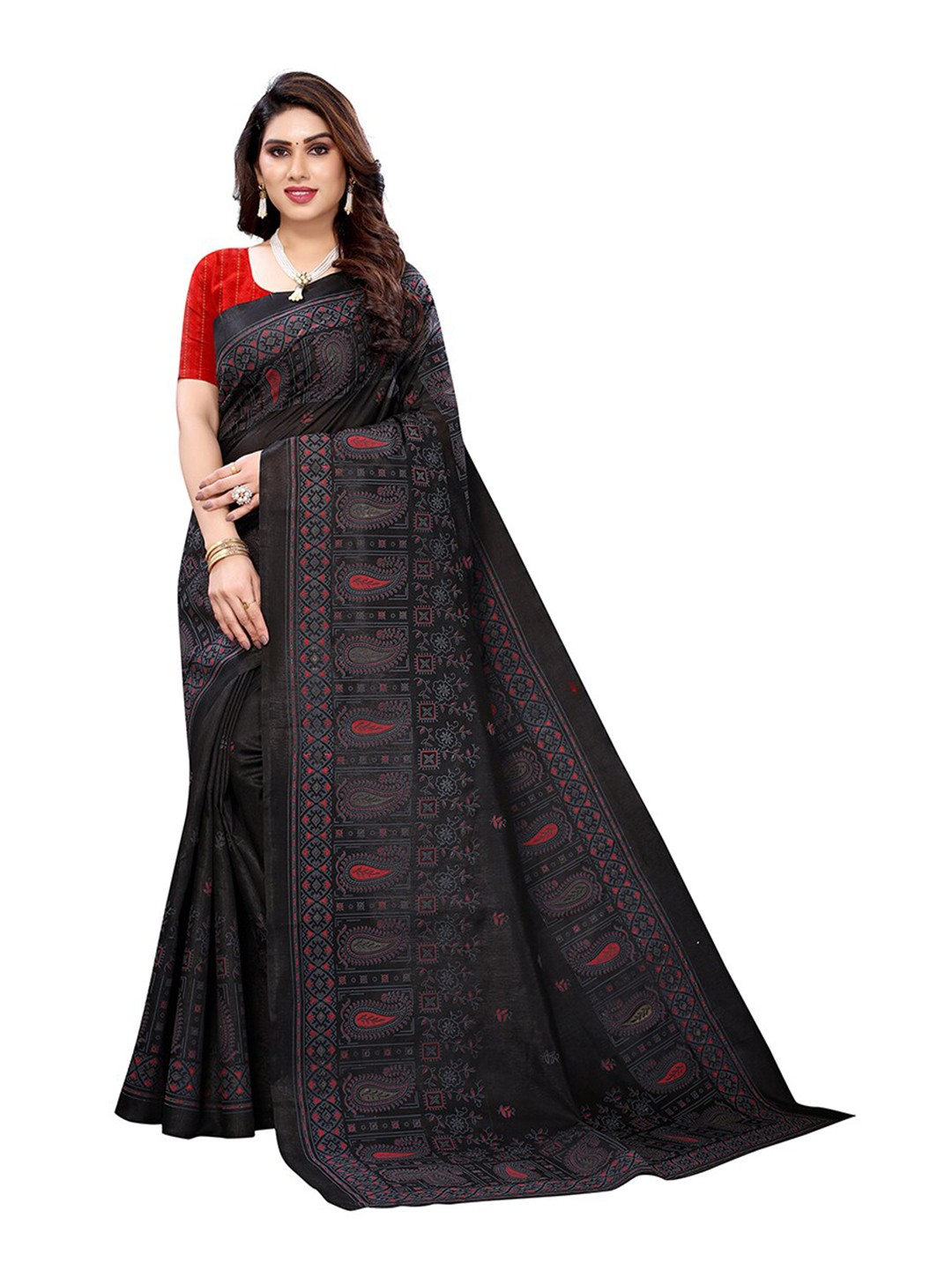 

KALINI Black & Red Ethnic Motifs Silk Cotton Saree