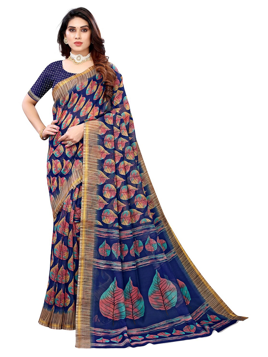 

KALINI Navy Blue & Beige Floral Saree