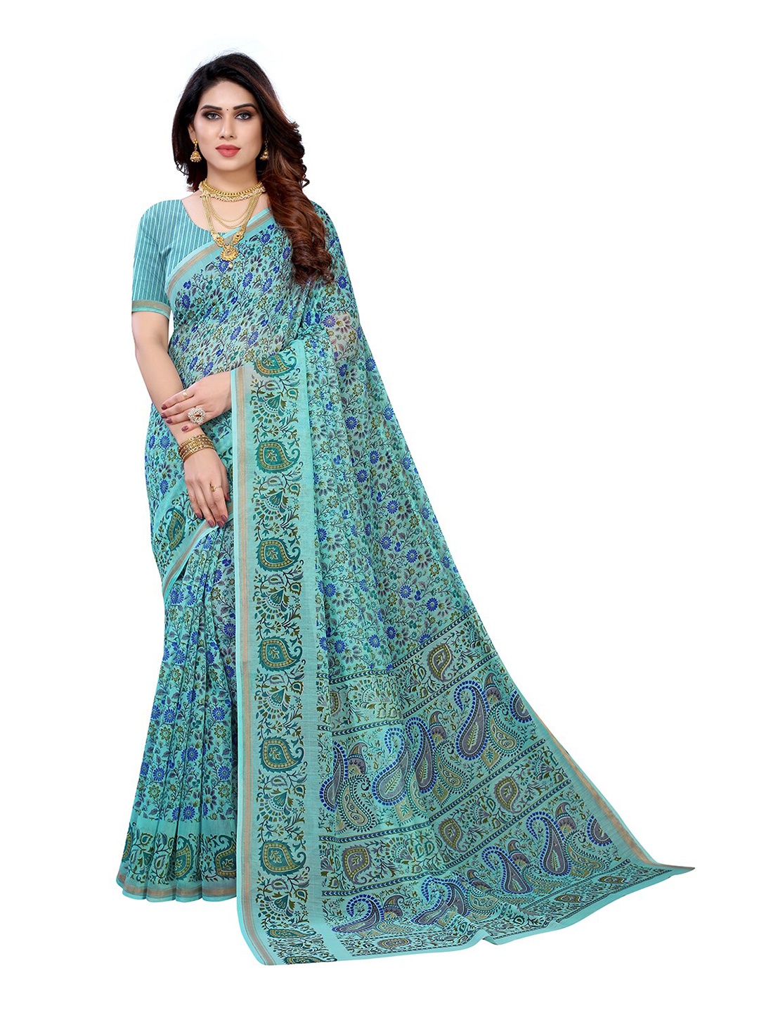 

KALINI Blue & Green Floral Printed Saree