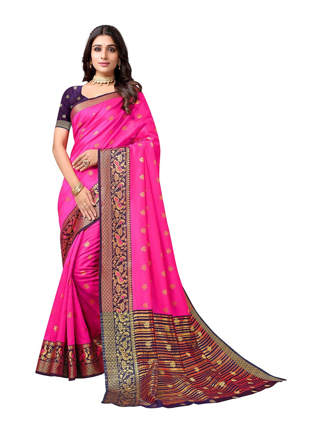 

KALINI Pink & Navy Blue Woven Design Zari Silk Cotton Banarasi Saree