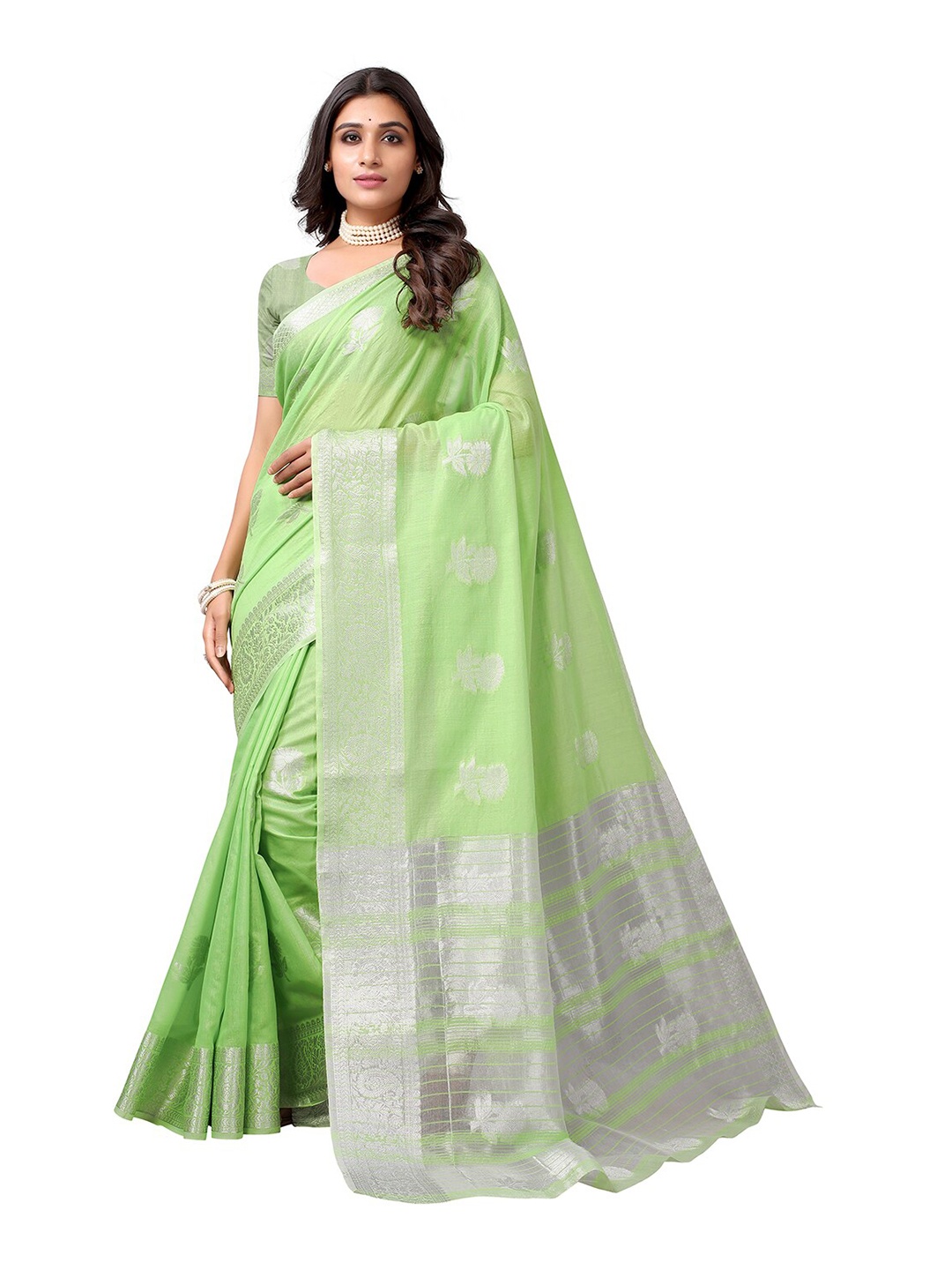 

KALINI Green & Silver-Toned Woven Design Zari Silk Cotton Saree