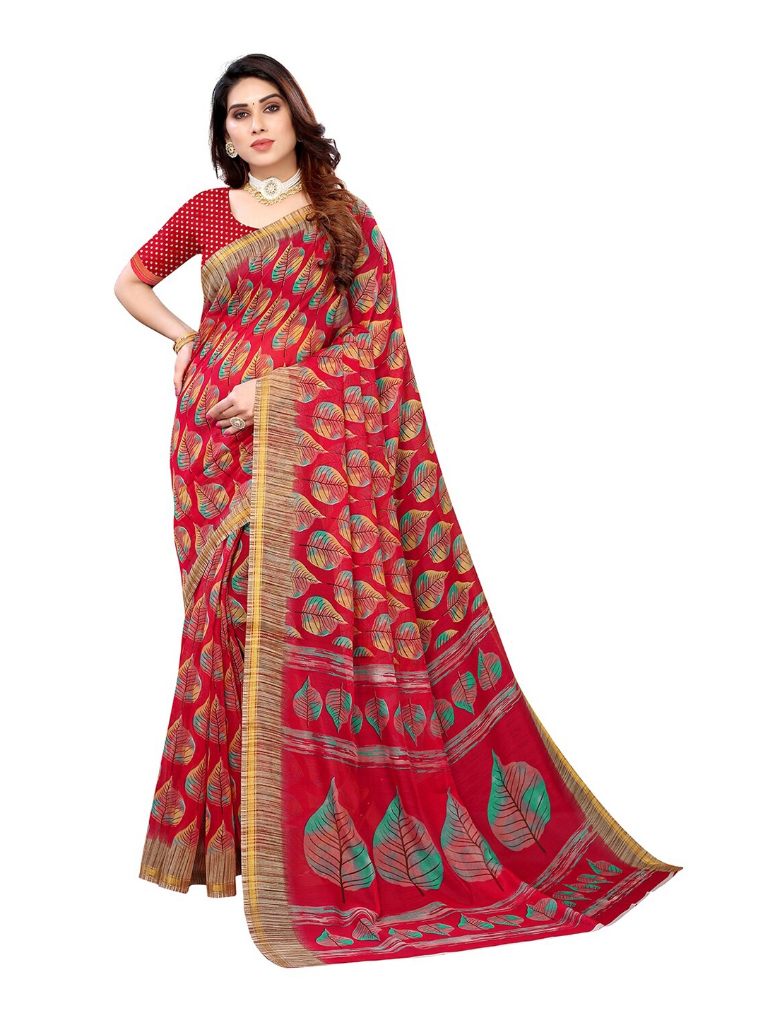 

KALINI Red & Green Floral Printed Saree