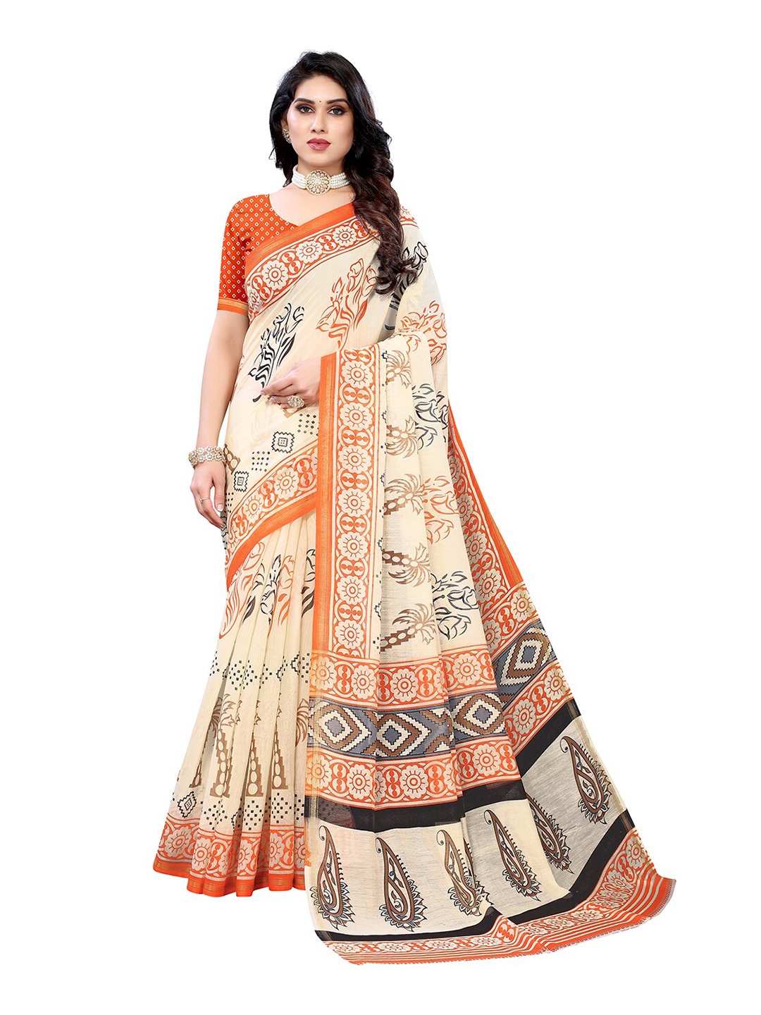 

KALINI Cream-Coloured & Orange Floral Printed Saree