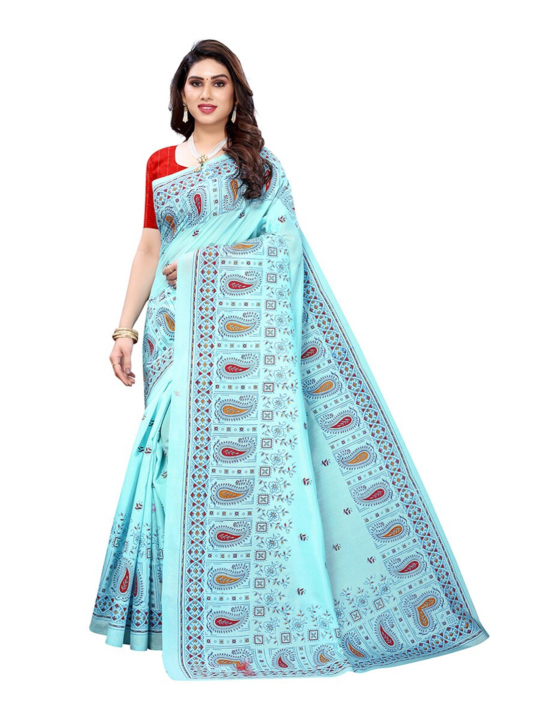 

KALINI Sea Blue & Red Paisley Printed Silk Cotton Saree