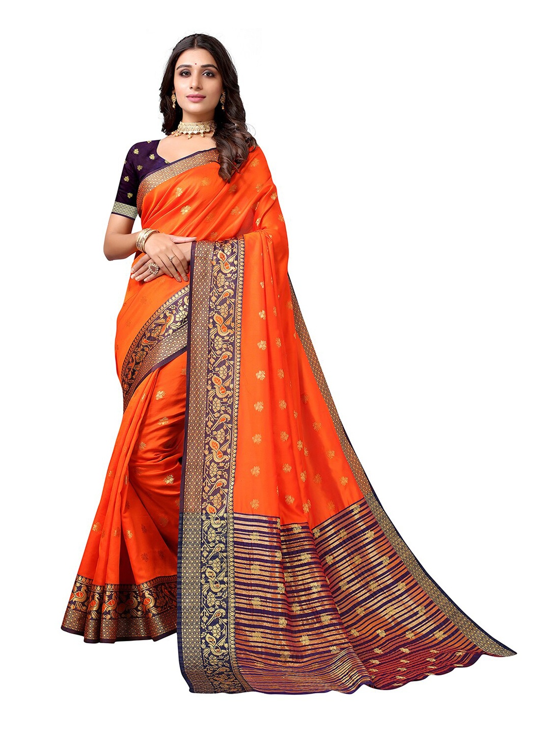 

KALINI Orange & Violet Ethnic Motifs Zari Silk Cotton Banarasi Saree