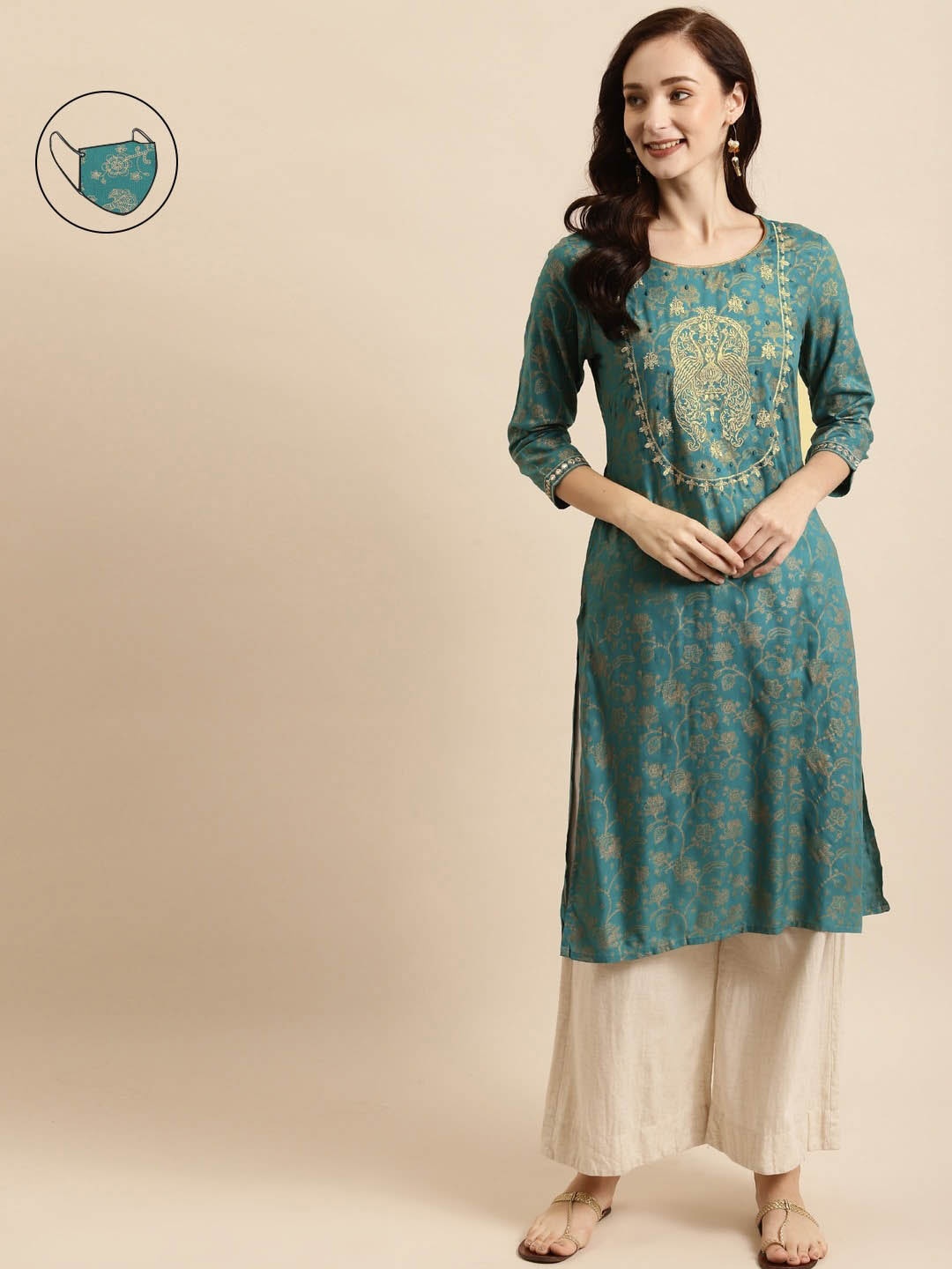 RANGMAYEE Green Ethnic Motifs Foil Printed Straight Kurta