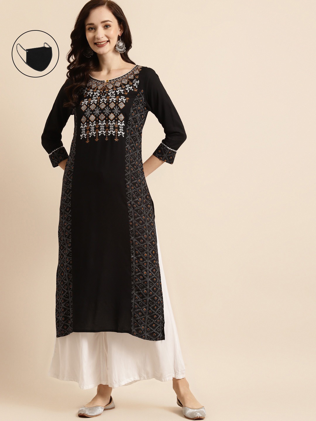 

RANGMAYEE Women Black Bandhani Embroidered Thread Work Liva Kurta With Mask