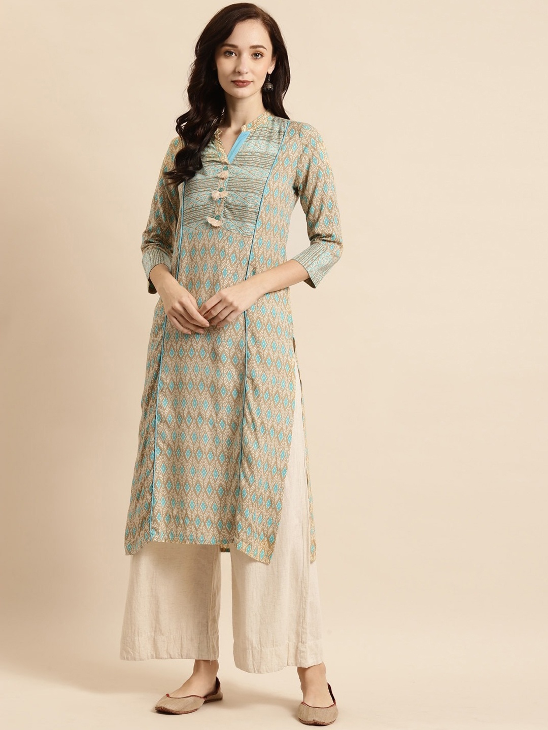 

RANGMAYEE Women Beige Geometric Printed Straight Kurta