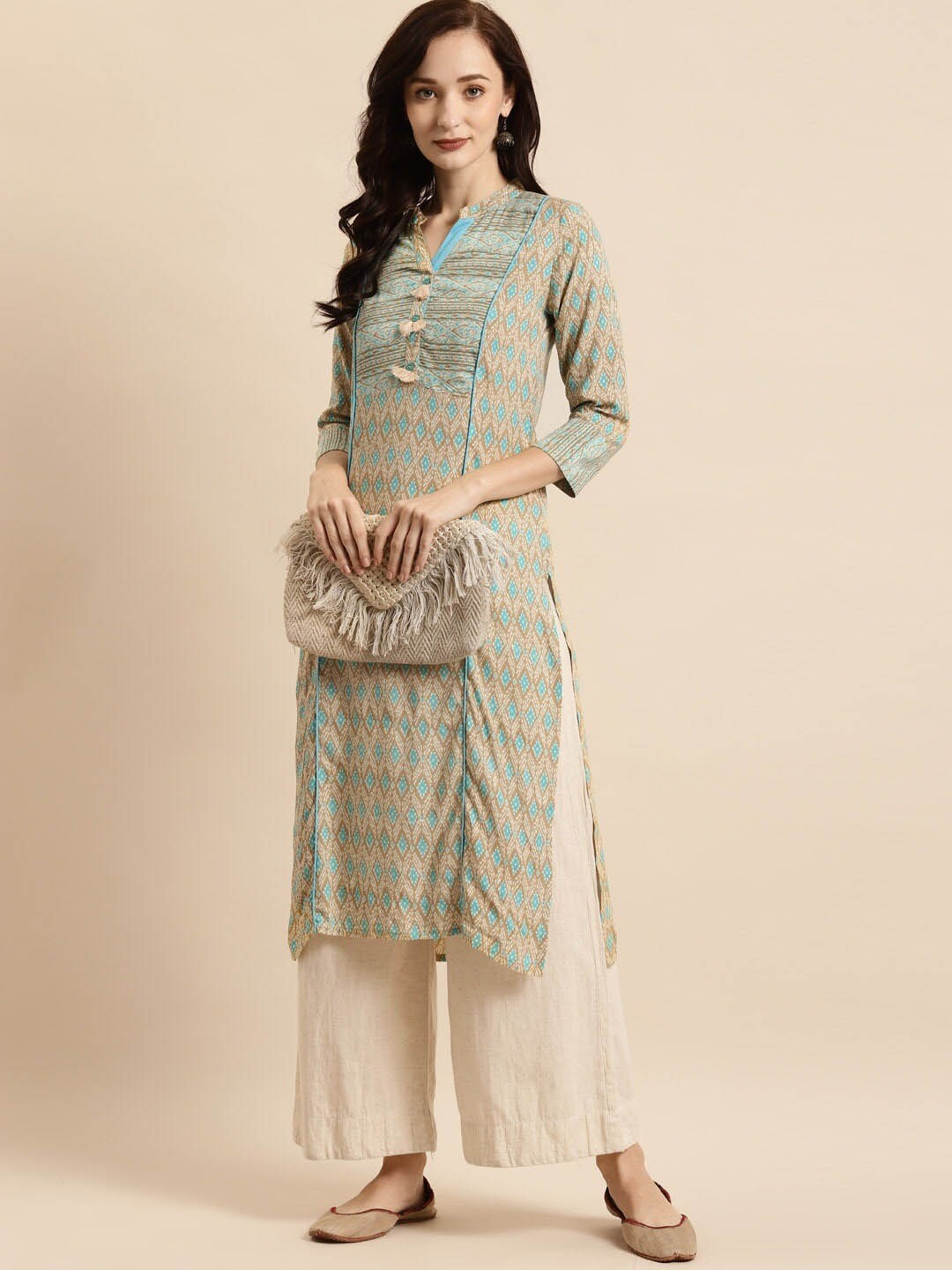 

RANGMAYEE Women Beige Plus Size Ethnic Motifs Screen Print Kurta