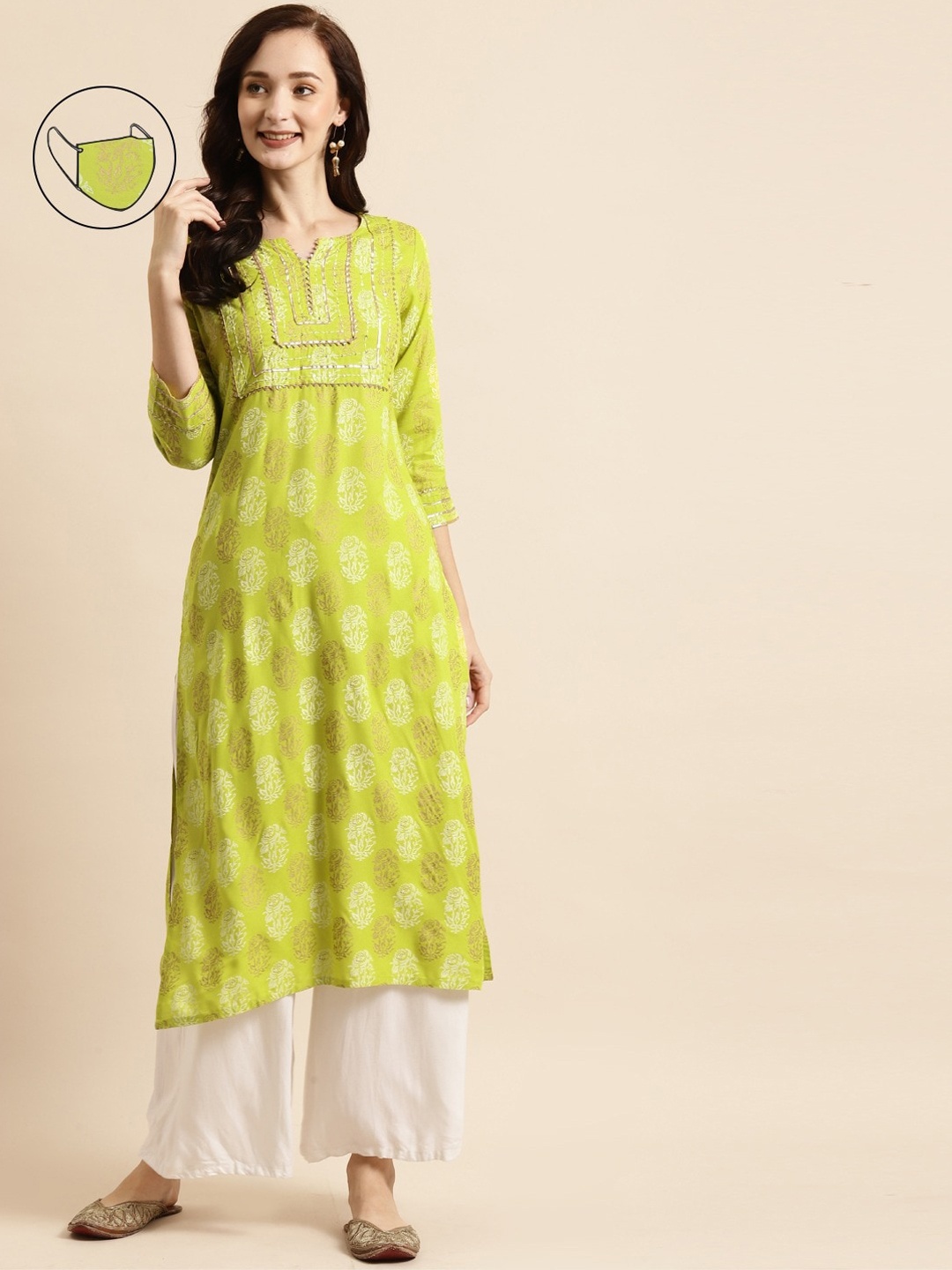 

RANGMAYEE Women Yellow Ethnic Motifs Printed Liva Thread Work Floral Liva Kurta with Mask