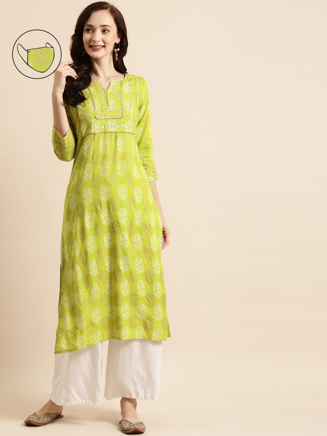 RANGMAYEE Women Lime Green Floral Gotta Patti Foil Print Liva Kurta With Mask