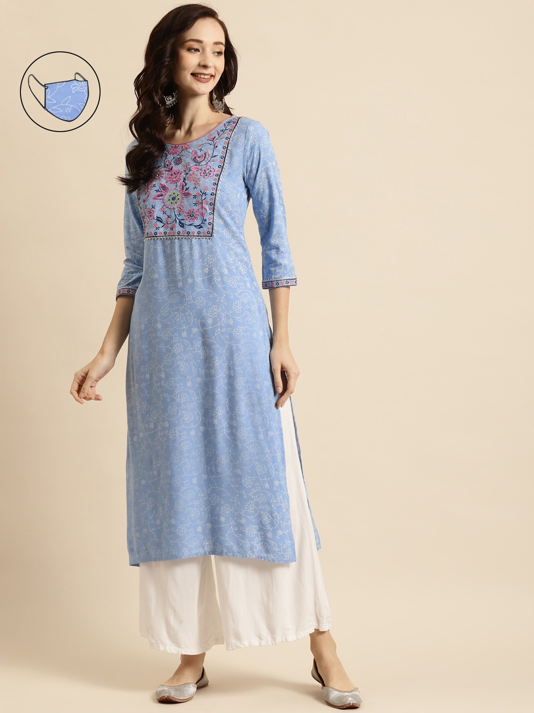 

RANGMAYEE Women Blue Floral Embroidered Liva Kurta with Mask