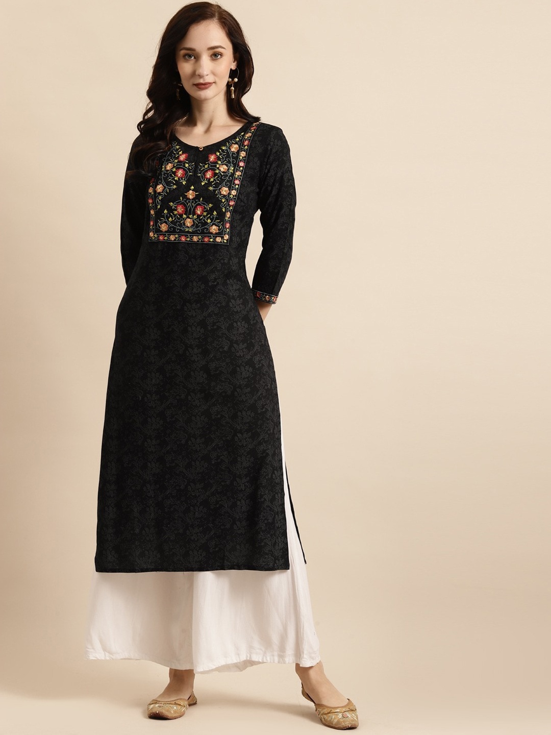 

RANGMAYEE Women Black & Yellow Floral Embroidered Liva Straight Kurta