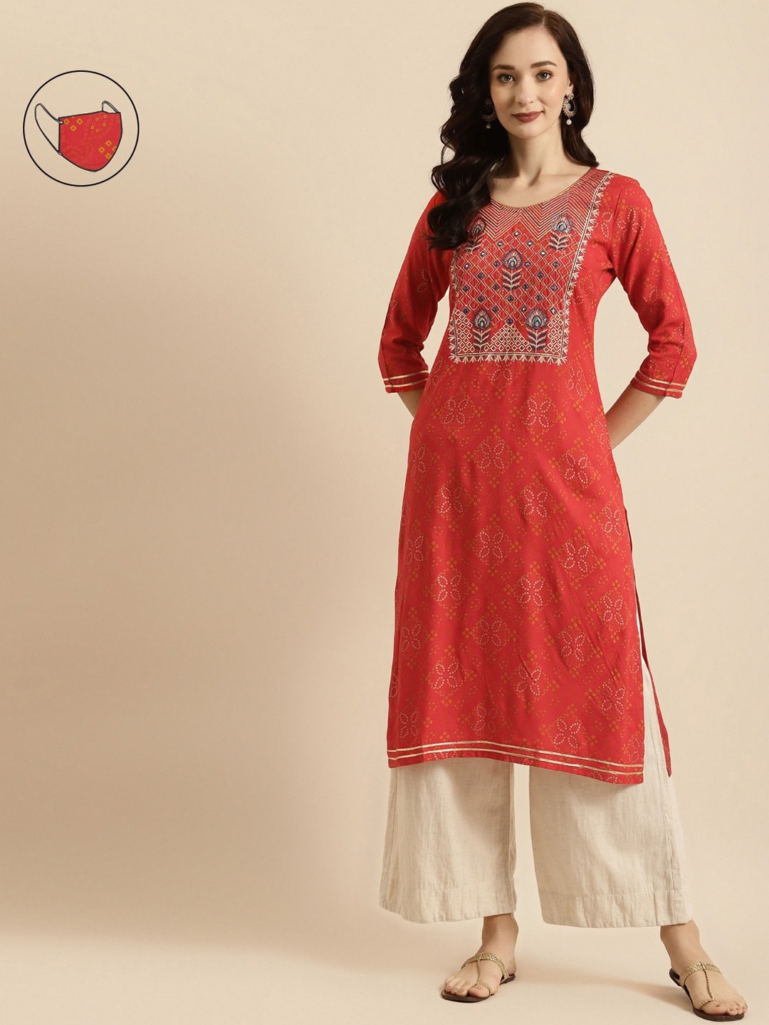 

RANGMAYEE Women Red Bandhani Printed Thread Work Block Print Liva Kurta With Mask