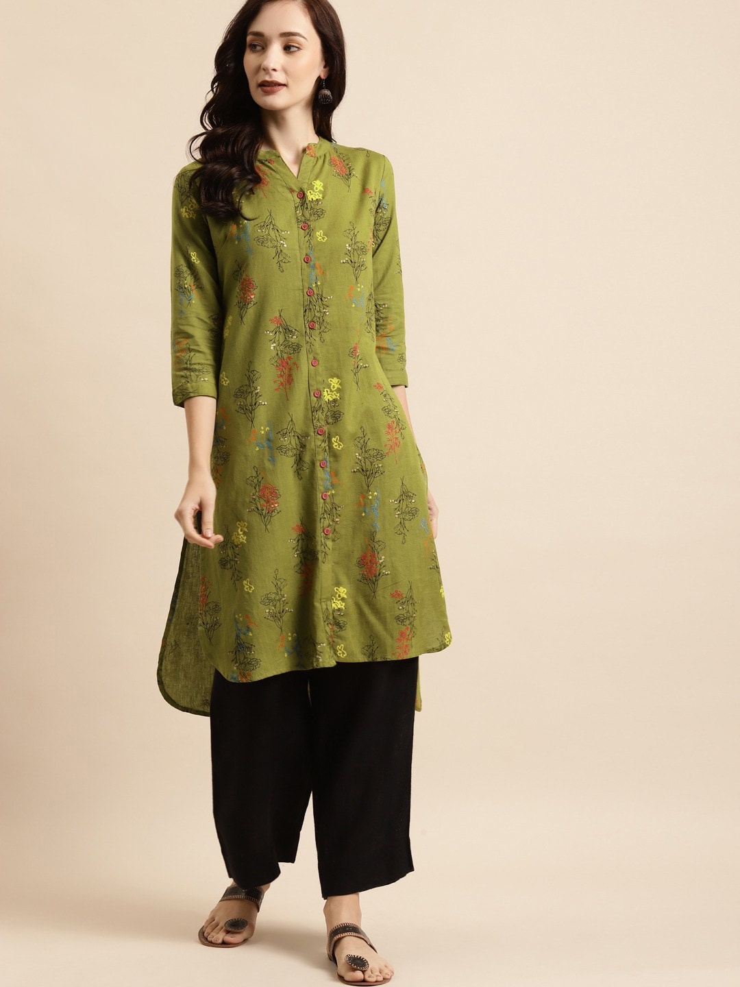 

RANGMAYEE Women Green Floral Printed Block Print Kurta with Mask