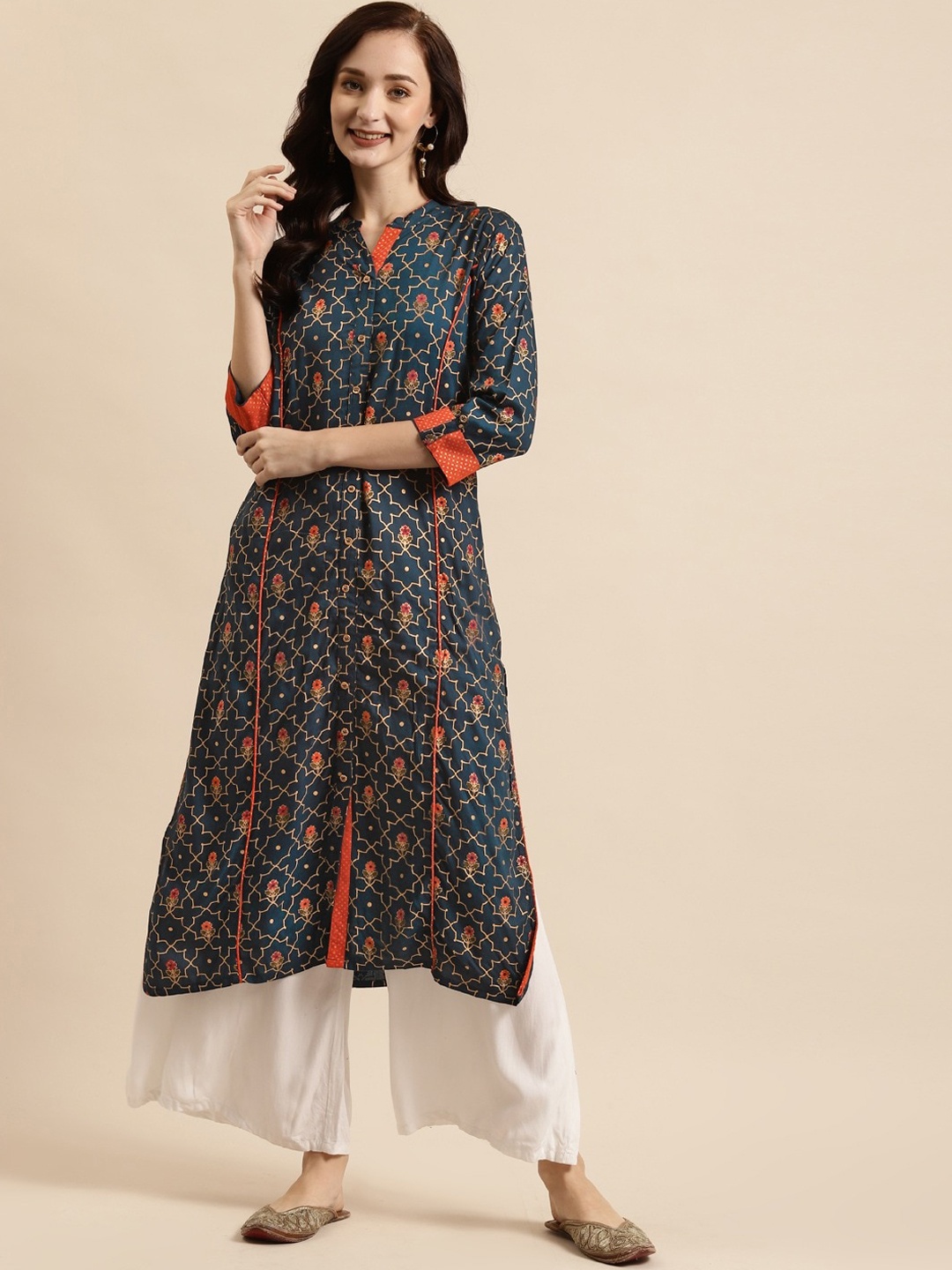 

RANGMAYEE Navy Blue Ethnic Motifs Printed Foil Print Straight Kurta