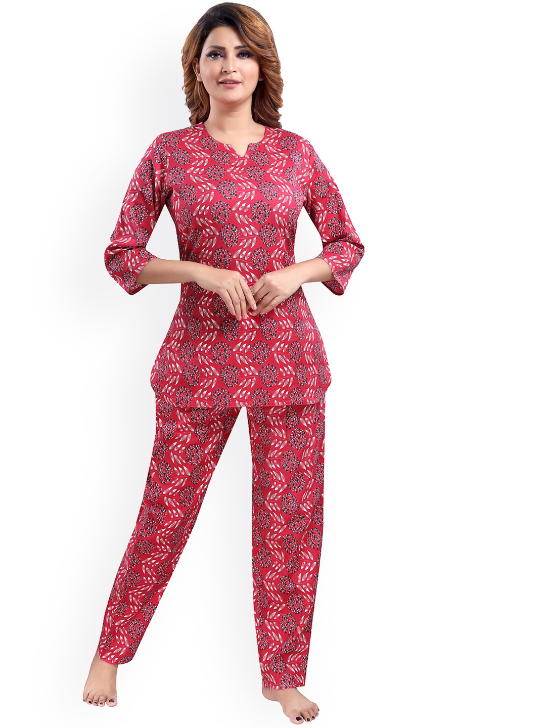 

9shines Label Women Rust & Blue Printed Cotton Night suit
