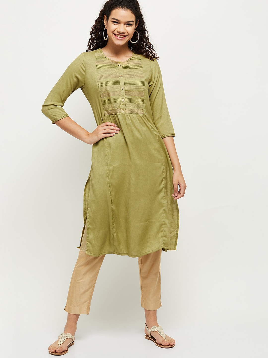 

max Women Green Thread Work A-Line Kurta