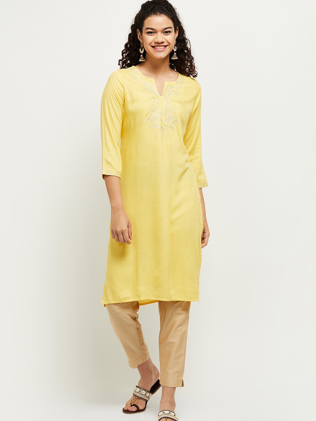 

max Women Yellow Embroidered Thread Work Kurta