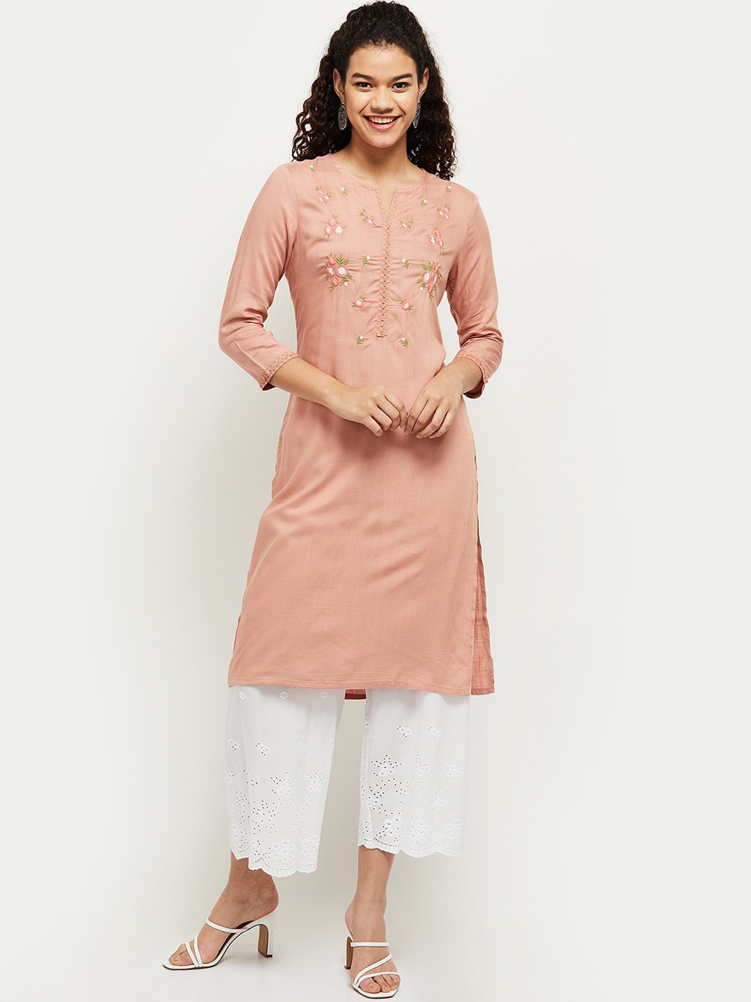 max Women Pink Floral Embroidered Kurta