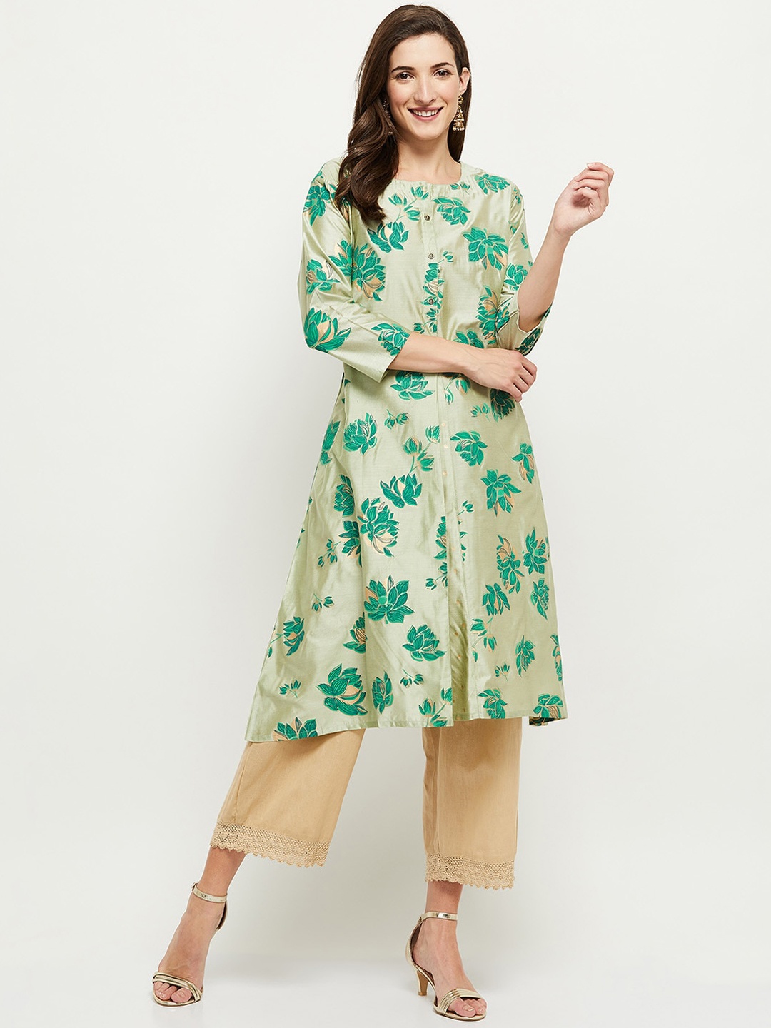 

max Women Olive Green & Green Floral Printed A-line Kurta