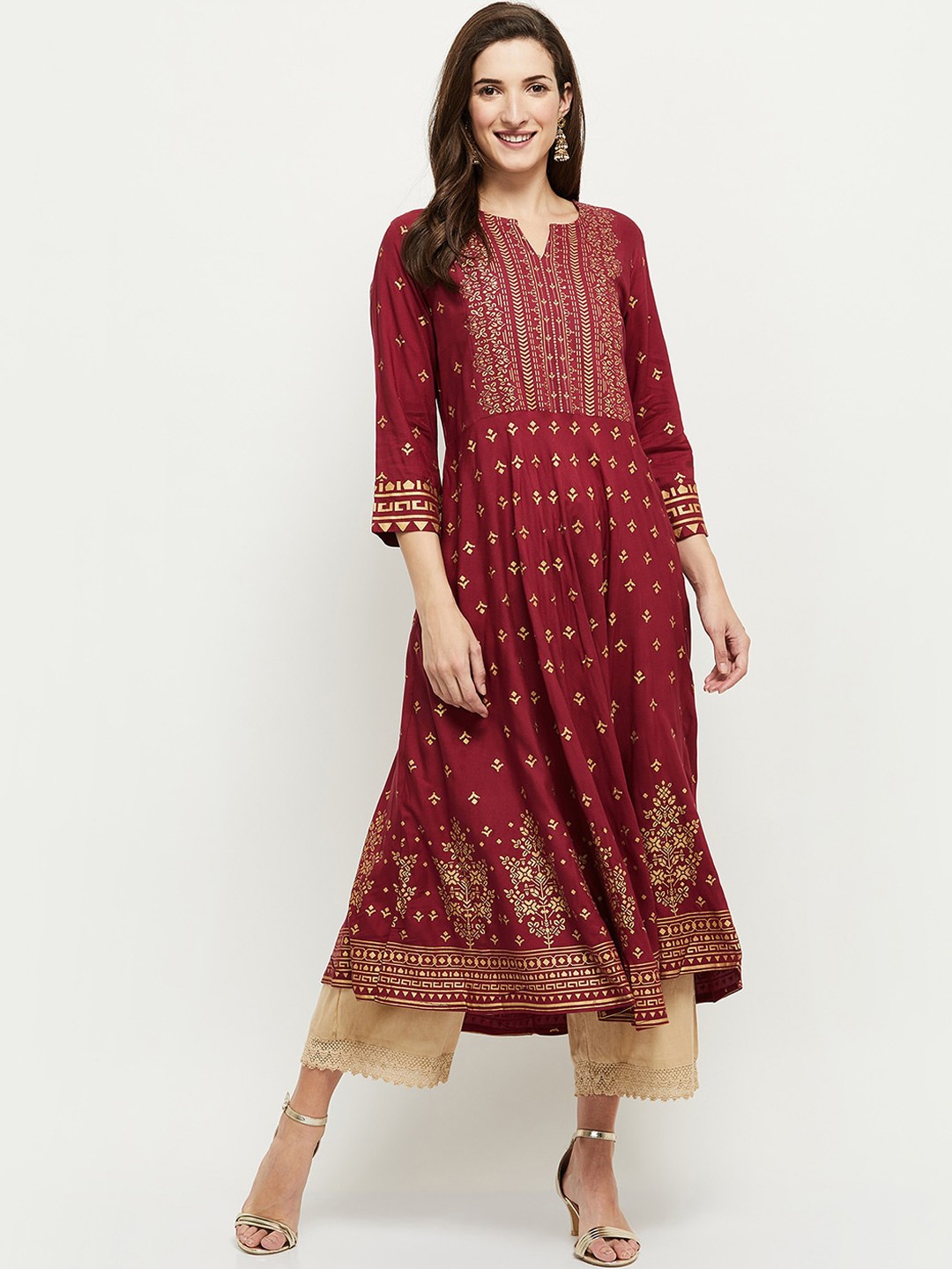 

max Women Red & Golden Ethnic Motifs Printed Anarkali Kurta