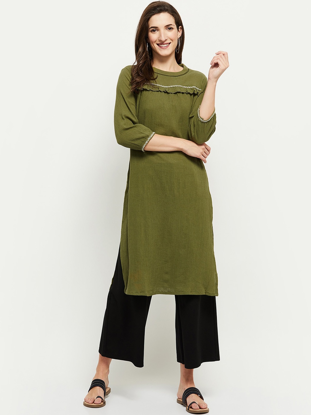 

max Olive Green Embroidered Cotton Kurta