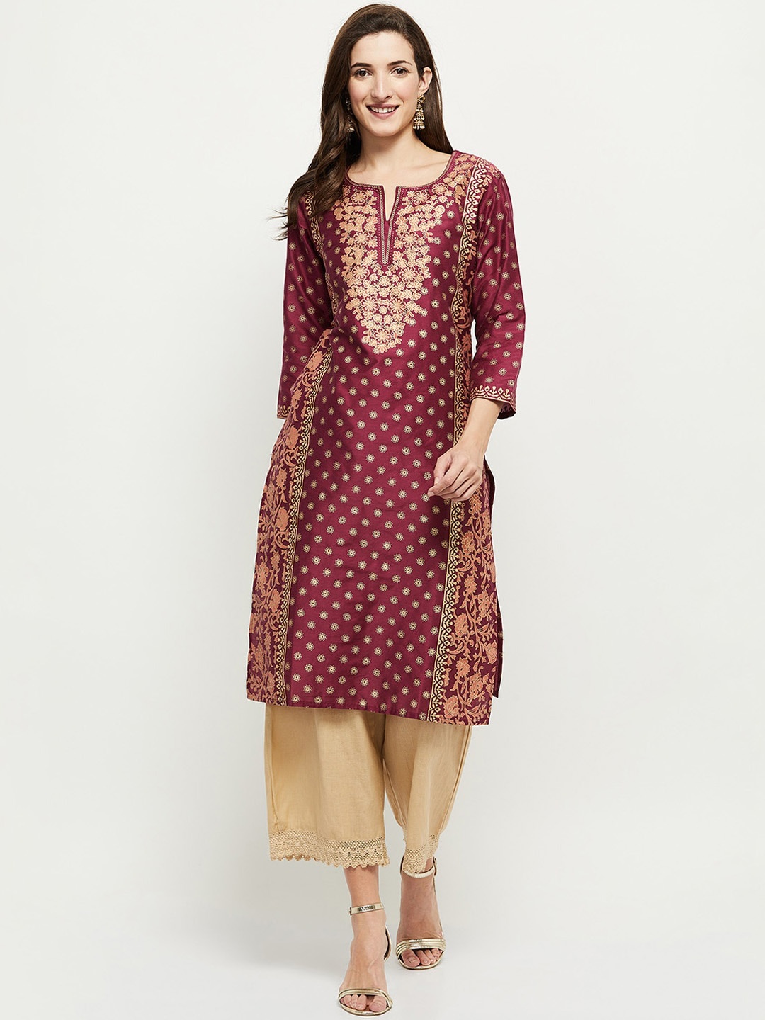 

max Women Maroon Ethnic Motifs Printed Keyhole Neck Kurta
