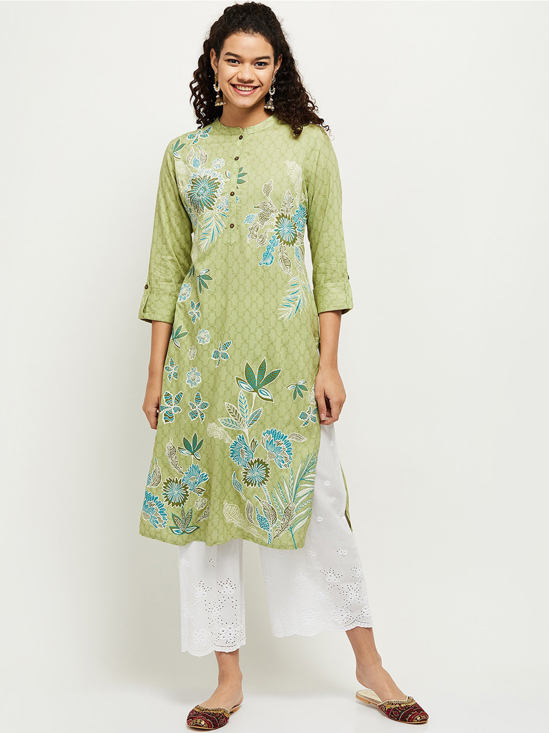 

max Women Green Floral Striped Thread Work Kurta
