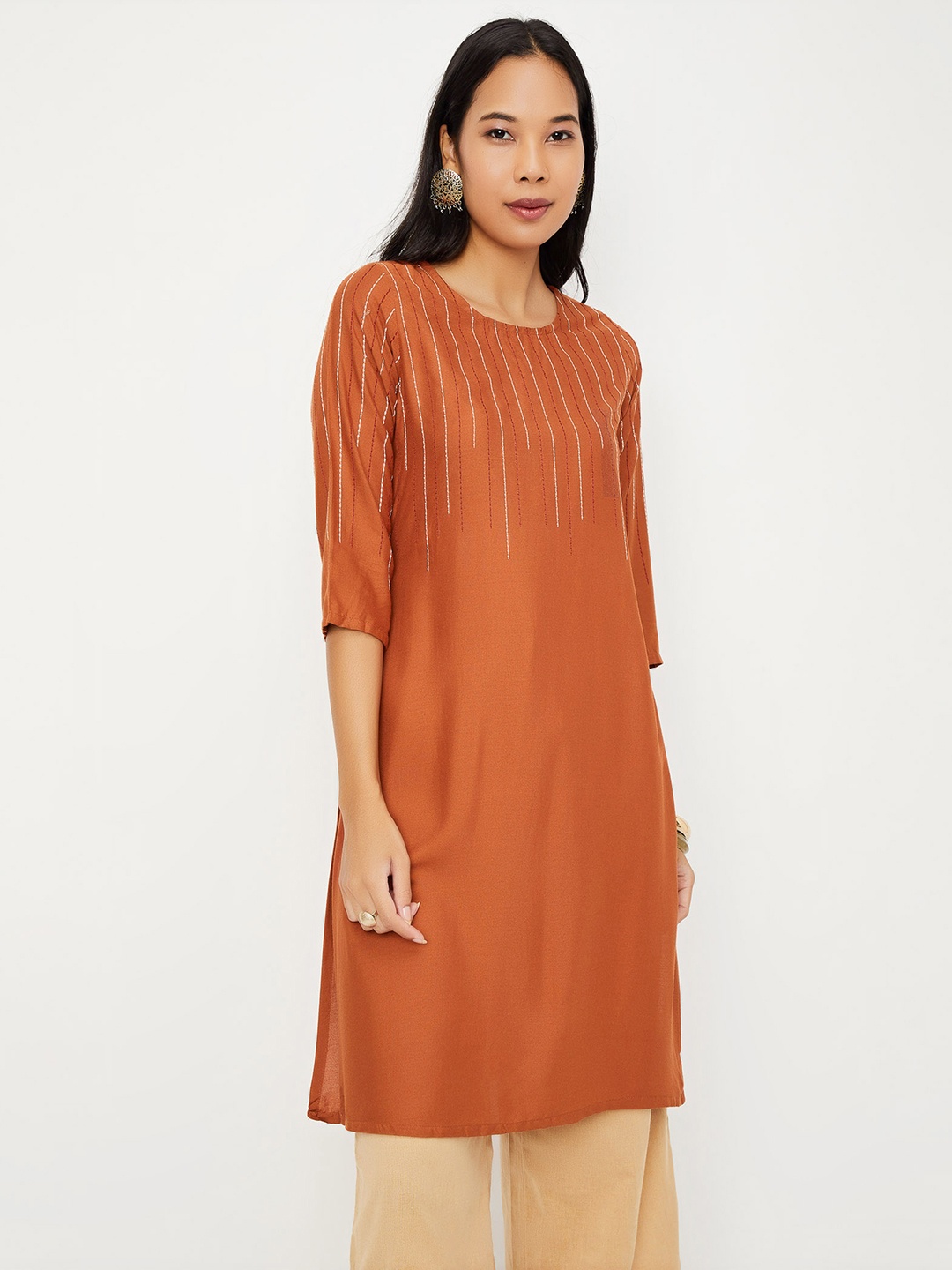 

max Women Rust & White Striped Straight Kurta