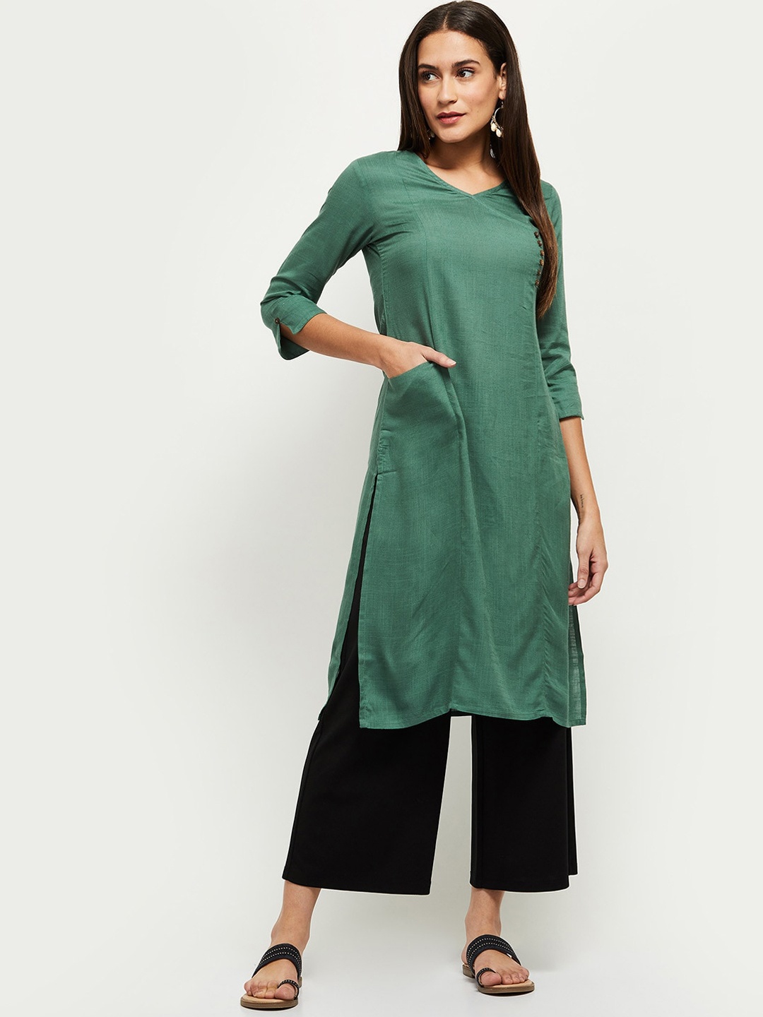 

max Women Green Angrakha Straight Kurta