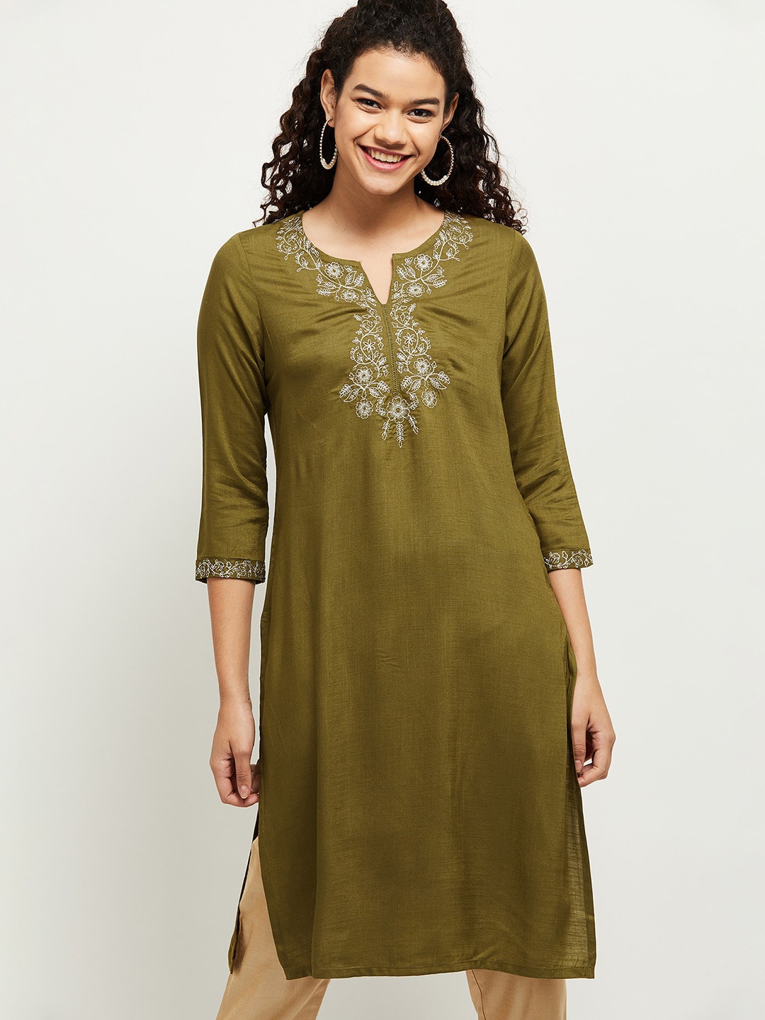 

max Women Olive Green & White Embroidered Kurta