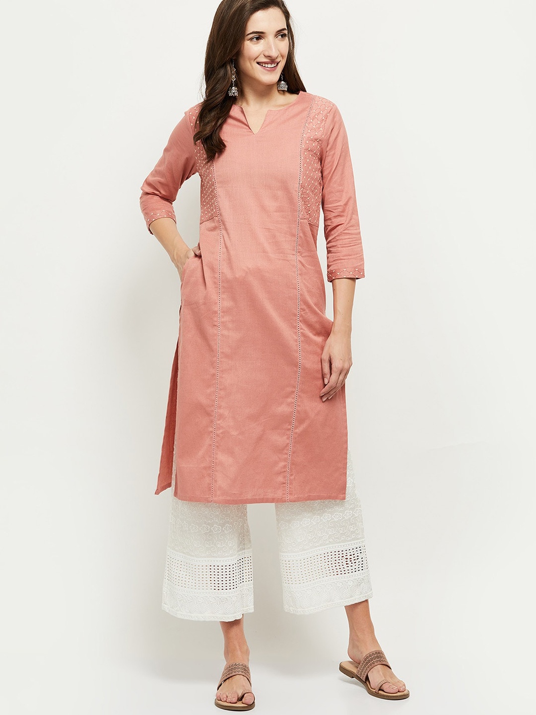 

max Women Peach-Coloured Geometric Embroidered Kurta
