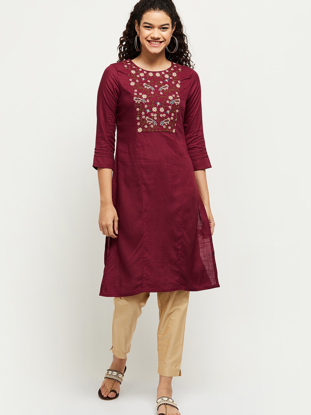 

max Women Maroon Floral Yoke Embroidered A-line Kurta