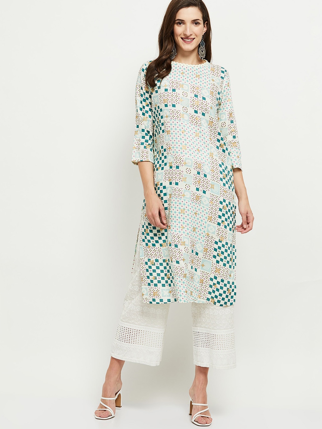 

max Women White & Green Geometric Printed Kurta