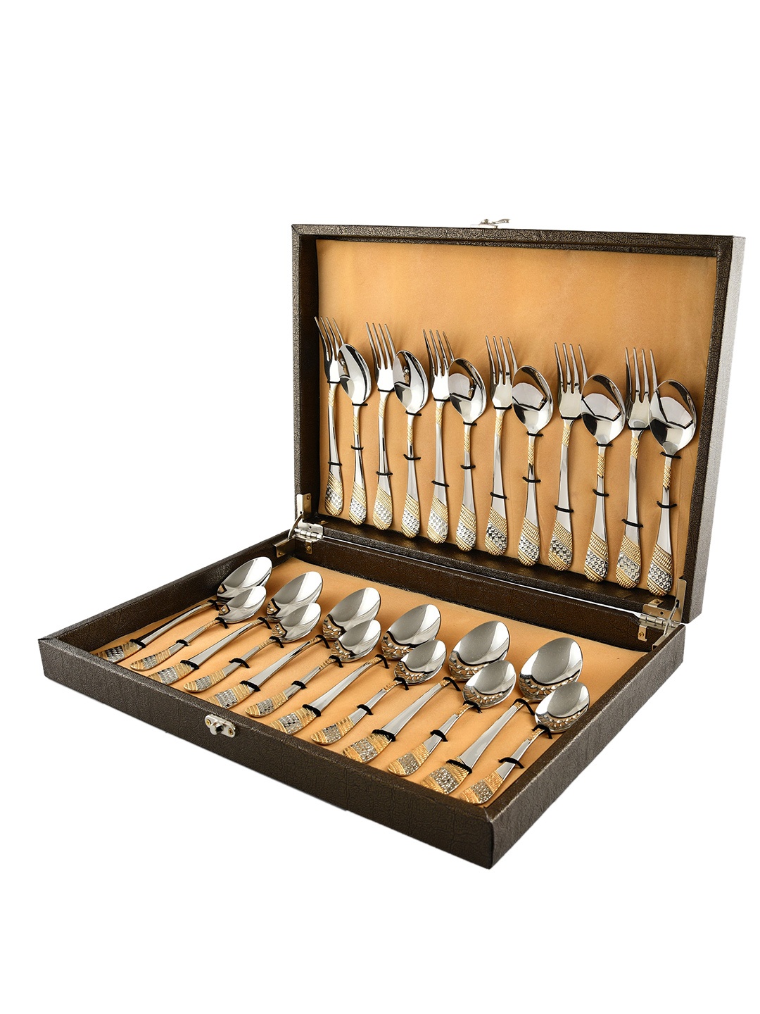 

FNS Imperio 24 Karat Gold Plated 24 Pc Cutlery Set with Leatherette Box, Grey