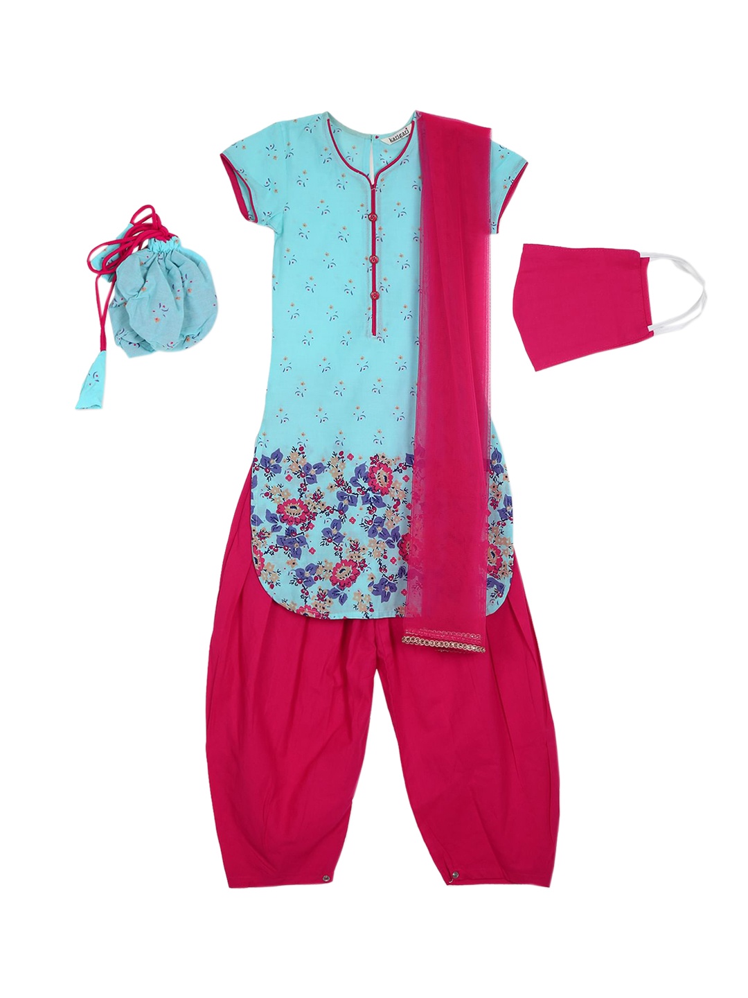 

Karigari Girls Turquoise Blue & Magenta Floral Printed Pure Cotton Kurti Set with Mask