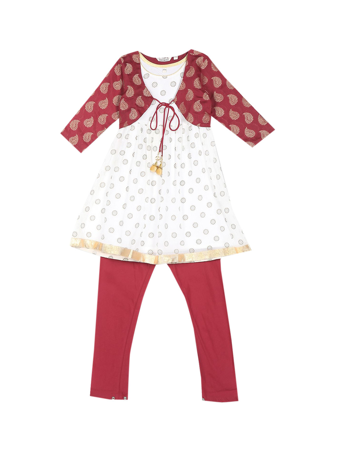 

Karigari Girls White Ethnic Motifs Printed Pure Cotton Kurti & Leggings With Waistcoat