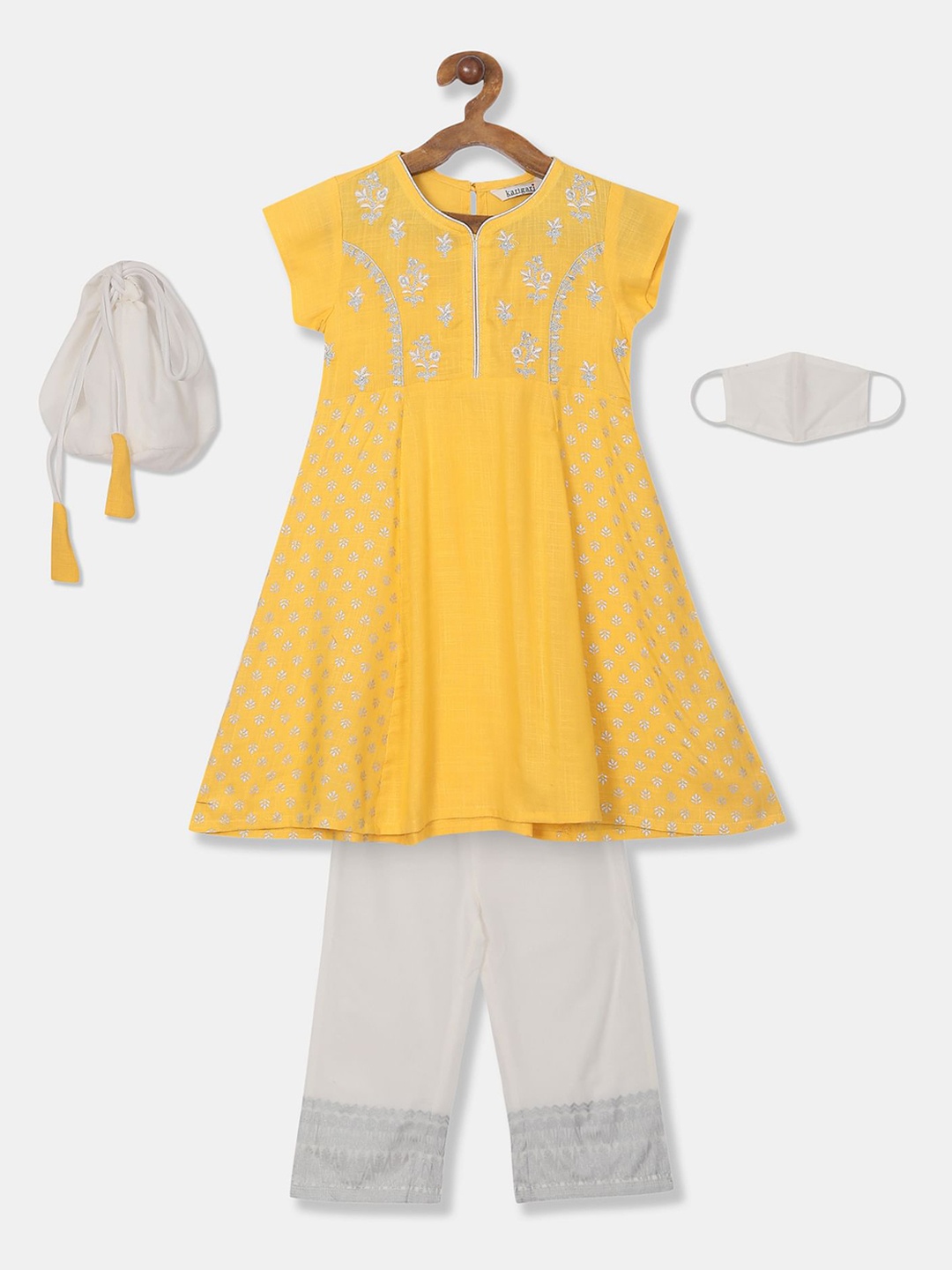 

Karigari Girls Yellow Floral Embroidered Pure Cotton Kurta with Palazzos & With Dupatta