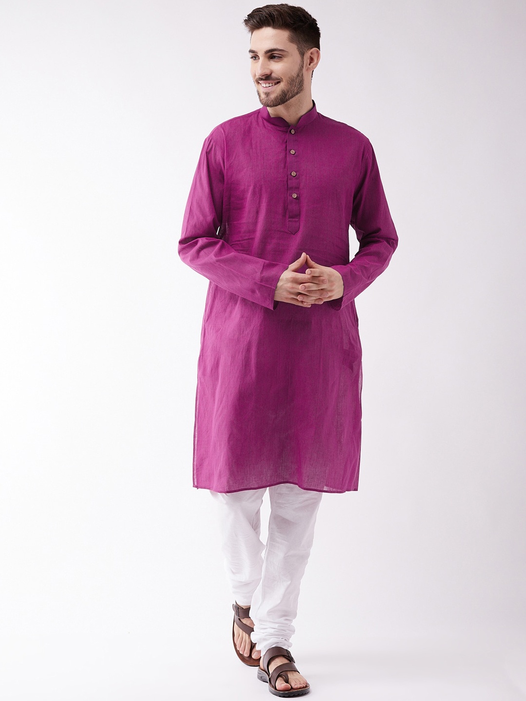 

SHVAAS by VASTRAMAY Men Purple Striped Pure Cotton Sustainable Kurta with Churidar