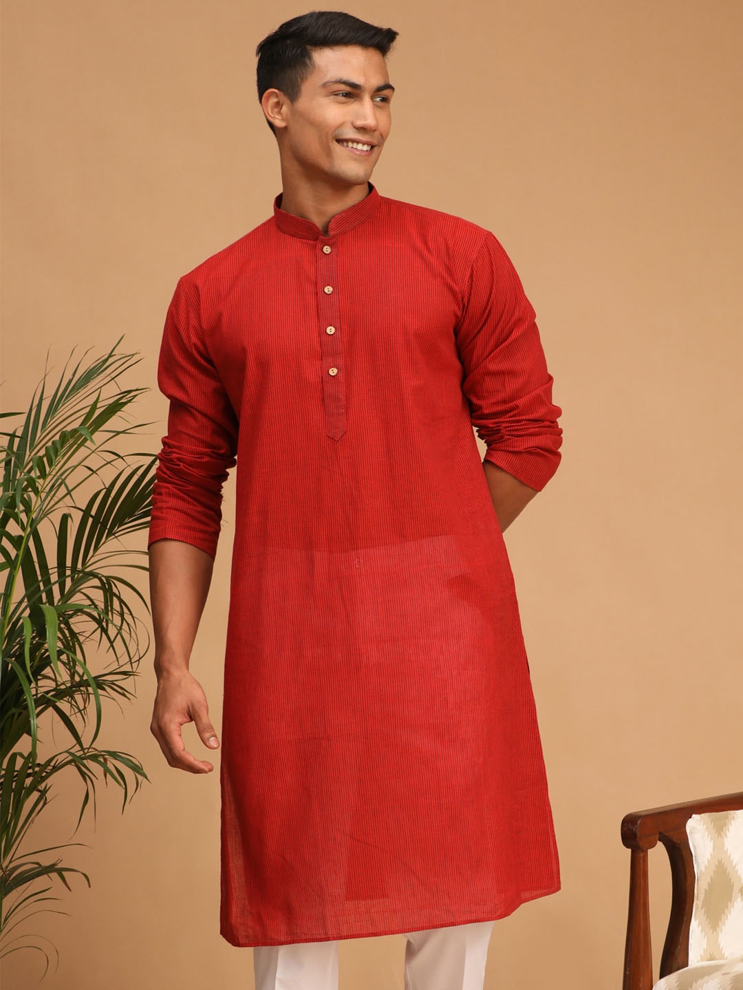 

VASTRAMAY Men Maroon Striped Pure Cotton Sustainable Kurta