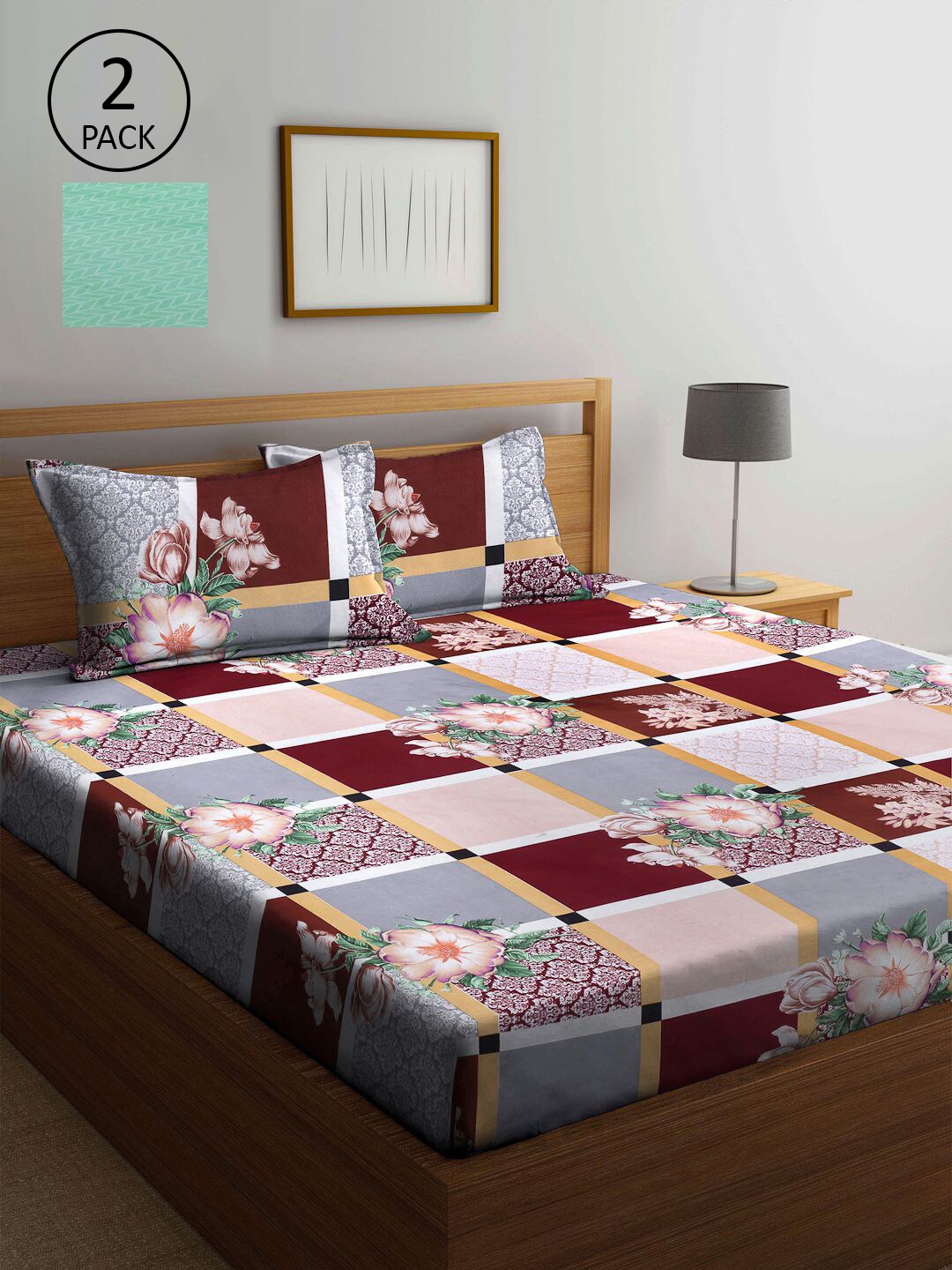 

KLOTTHE Green & Maroon Floral 210 TC 2 King Bedsheet with 4 Pillow Covers