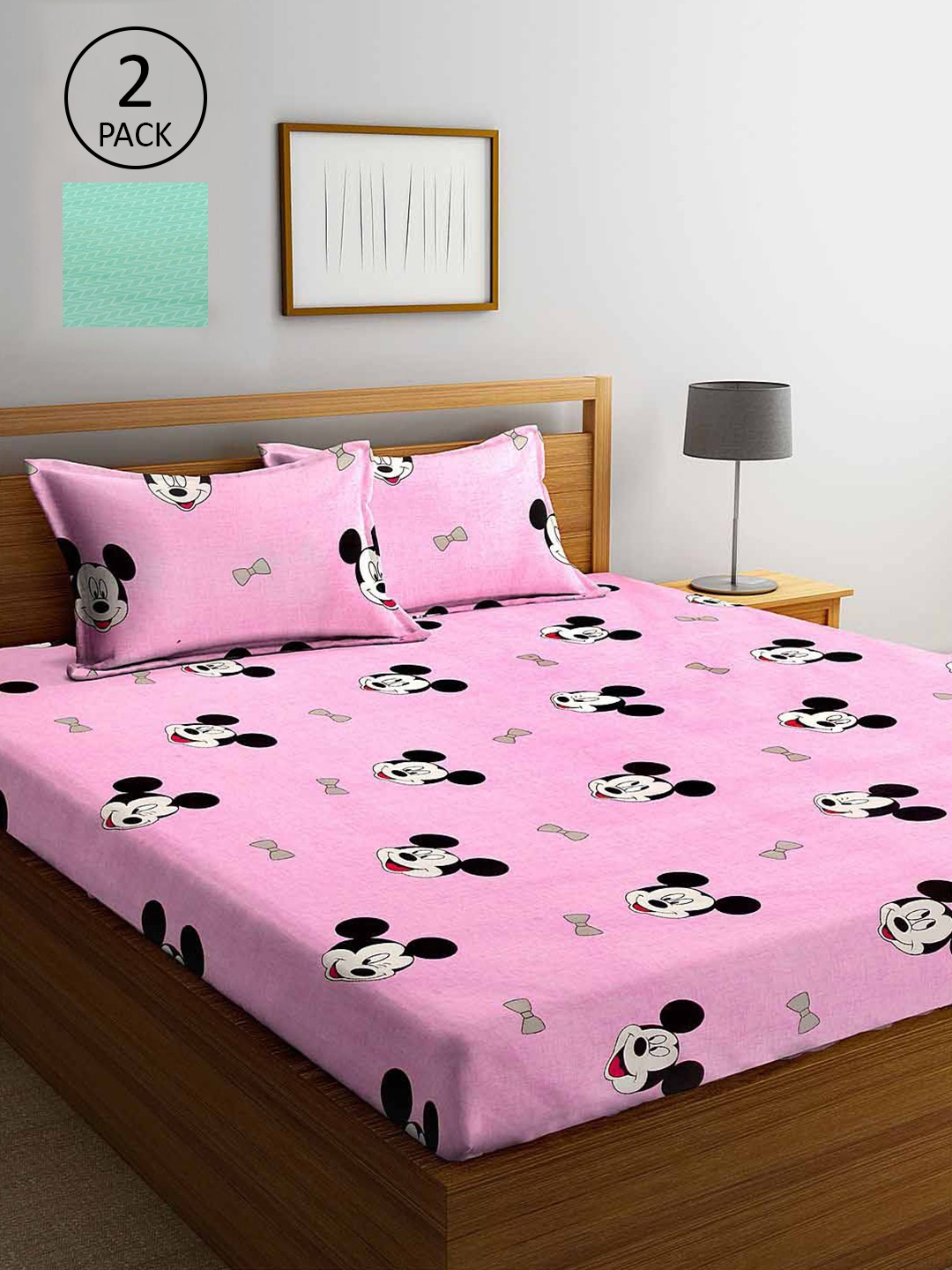 

KLOTTHE Pink & Green Cartoon Characters 210 TC 2 King Bedsheet with 4 Pillow Covers