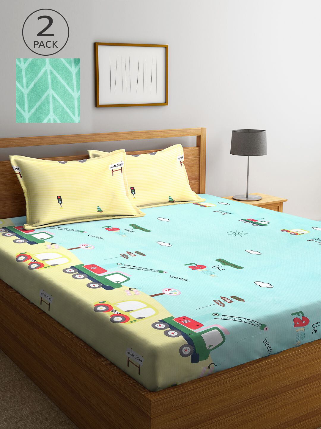 

KLOTTHE Blue & Green Cartoon Characters 210 TC 2 King Bedsheet with 4 Pillow Covers
