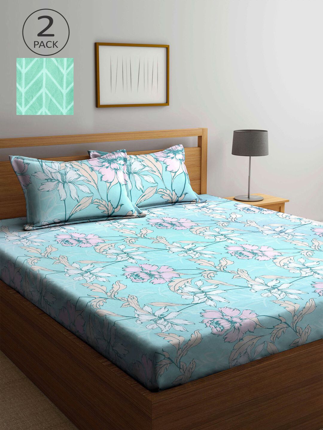 

KLOTTHE Turquoise Blue & Sea Green Floral 210 TC 2 King Bedsheet with 4 Pillow Covers