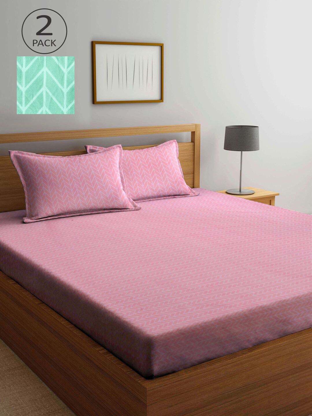 

KLOTTHE Sea Green & Mauve Geometric 210 TC 2 King Bedsheet with 4 Pillow Covers
